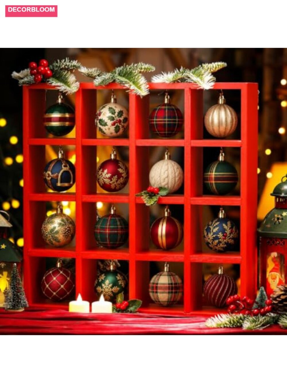 Wooden Christmas Ornament Display Stand 16 Compartment Wall Mounted Shelf